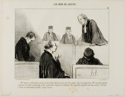Die Verteidigung lobt das Talent der Anklage, während der Generalstaatsanwalt die Eloquenz der Verteidigung bewundert. Der Richter applaudiert beiden und alle sind zufrieden, außer dem Angeklagten, Platte 16 aus Les Gens De Justice von Honoré Victorin Daumier