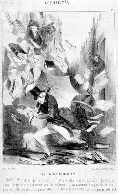 Ein Showdown der Geheimnisse: Karikatur zu „Die Geheimnisse von Paris“, veröffentlicht als Fortsetzungsroman von Eugène Sue - in „Le Charivari“ vom 16.02.1844 von Honoré Daumier