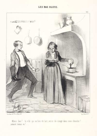 Da jetzt... anstatt Milch gießt sie Politur in meine heiße Schokolade!... genug mit diesem verdammten Roman!, pl. 37 aus der Serie Les Bas-Bleus von Honoré Daumier