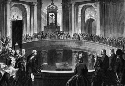 Jahrestag des Todes von Napoleon I., 5. Mai 1863: Gedenkmesse in den Invalides, Paris, im Beisein ehemaliger Soldaten der napoleonischen Armee. Gravur in „Le Monde Illustré“ Nr. 318 vom 16. Mai 1863. von Honoré Daumier