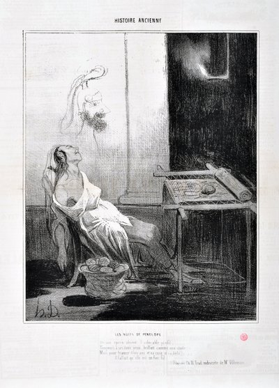 Werk von Honore Daumier (1808-1879) Charivari stammt aus dem Jahr 1842: Serie HISTORIE ANCIE Les Nuits de Penelope - Von ihrem abwesenden Ehemann das liebenswerte Profil, Für immer in ihren sanften Augen leuchtete wie ein Stern Aber um drei Jahre zu weben  von Honoré Daumier
