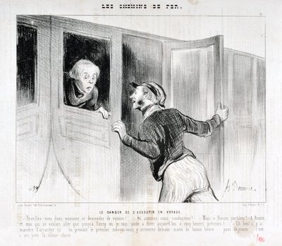 Werk von Honore Daumier (1808-1879). Charivari stammt aus dem Jahr 1843: Serie LES RAILWAYS Die Gefahr, auf einer Reise einzuschlafen - Wach auf, Herr, und steigen Sie aus dem Wagen! - Wohin fahren wir? - Aber nach Rouen, parbleu! - Nach Rouen und ich woll von Honoré Daumier