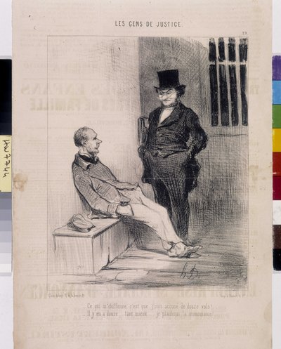 Serie „Die Lasten der Justiz“. „Was mich stört, ist, dass ich wegen 12 Diebstählen angeklagt bin! - Es sind zwölf... viel besser... ich werde die Monomanie plädieren“. Auszug aus der Zeitung „Le Charivari“. von Honoré Daumier