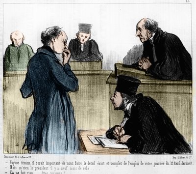 Karikatur von Daumier: Serie „Les Gens de justice“ veröffentlicht in „Charivari“ vom 04/03/1846. Anhörung eines Zeugen von Honoré Daumier