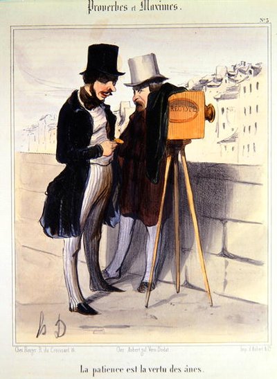 Karikatur, die die lange Zeit zur Aufnahme eines Daguerreotypie-Fotos verspottet, ca. 1840 von Honoré Daumier
