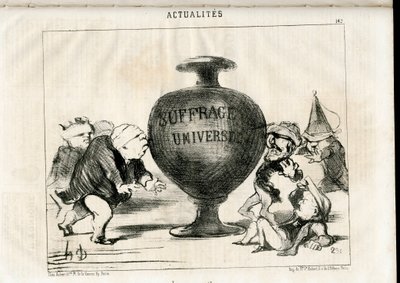Satirisch in Schwarz-Weiß: Nachrichten - Präsident der Republik, Allgemeines Wahlrecht - Thiers Adolphe, Montalembert Charles de, Louis Matthieu Mole, Dupin Andre-Marie, Illustration von Honore Daumier von Honoré Daumier