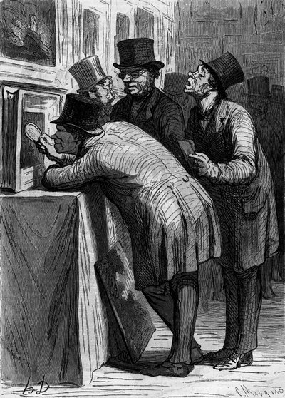 Das Auktionshaus: der Kunstliebhaber. Karikatur von Honore Daumier. Gravur in „Le Monde Illustré“ Nr. 314 vom 18. April 1863 von Honoré Daumier