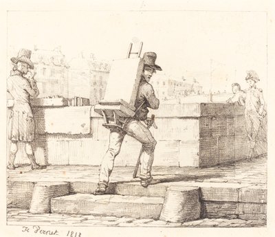 Künstler trägt Staffelei mit einem Lithografiestein von Emile Jean Horace Vernet