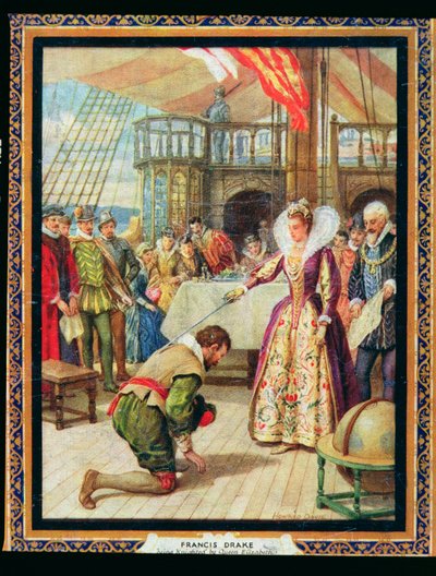 Königin Elisabeth I. schlägt Francis Drake zum Ritter, Illustration aus 