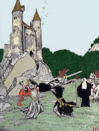 Kampf zwischen König Artus und dem schwarzen Ritter in Anwesenheit von Merlin dem Zauberer. Illustration von Howard Pyle (1853 - 1911), amerikanischer Illustrator von Howard Pyle