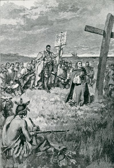Jacques Cartier (1491-1557) errichtet ein Kreuz in Gaspé, Illustration aus 
