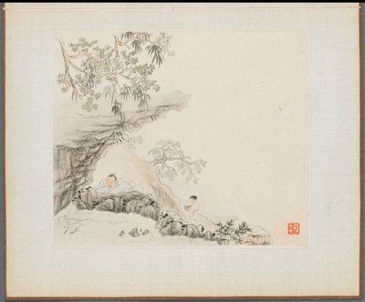 Album von Landschaftsgemälden, die alte Gedichte illustrieren: Ein Mann liegt unter einem felsigen Überhang, 1700er Jahre von Hua Yan