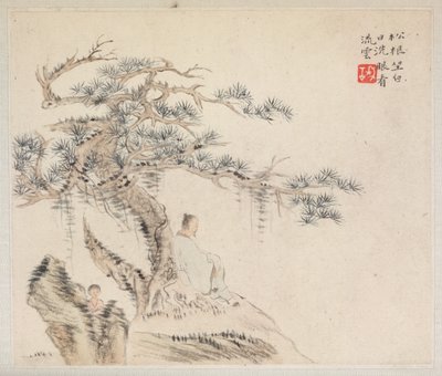Album mit Landschaftsmalereien, die alte Gedichte illustrieren: Ein alter Mann sitzt unter einer Kiefer, ein Junge steht hinter einem Stein von Hua Yan