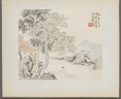 Album mit Landschaftsmalereien, die alte Gedichte illustrieren: Drei große Bäume, ein Bach mit einem alten Mann, der am Ufer sitzt von Hua Yan