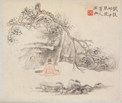 Album mit Landschaftsgemälden, die alte Gedichte illustrieren: Zwei Figuren draußen, 1700er von Hua Yan