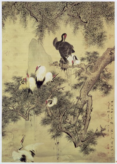 Acht Rotkronenreiher in einem Kiefernbaum, 1754 von Hua Yan
