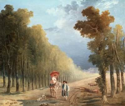 Ein Künstler führt das Pony seines Modells auf einem bewaldeten Pfad von Hubert (studio of) Robert