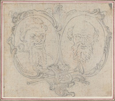 Doppeltes Kartusche mit zwei Köpfen und Symbolen von Ruhm und Torheit von Hubert Francois Gravelot