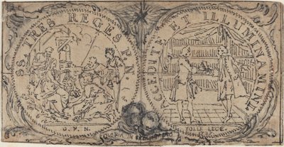 Ornamentale Medaillons mit der Anbetung der Heiligen Drei Könige und zwei Bibliophilen von Hubert Francois Gravelot