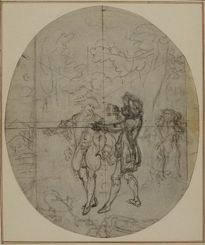 Studie für eine nie veröffentlichte zweite Ausgabe von Colles "La Partie de Chasse de Henri IV", Akt II, Szene 11 von Hubert Francois Gravelot