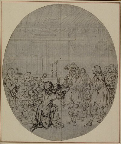 Studie für eine nie veröffentlichte zweite Ausgabe von Colles "La Partie de Chasse de Henri IV", Akt III, Szene 13 von Hubert Francois Gravelot