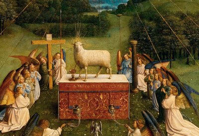 Anbetung des mystischen Lammes, aus dem Genter Altar, Detail der unteren Hälfte des zentralen Panels von Hubert & Jan van (1390 1441) Eyck
