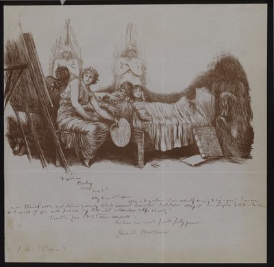 Szene eines Sterbebetts mit Kindern und allegorischen Figuren, darunter ein Künstler mit Staffelei von Hubert von Herkomer