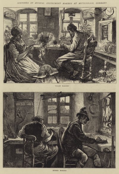 Skizzen von Musikinstrumentenbauern in Mittenwald, Deutschland von Hubert von Herkomer