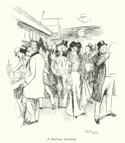 London: Ein Eisenbahnbuchstand (Farblithographie) von Hugh Thomson