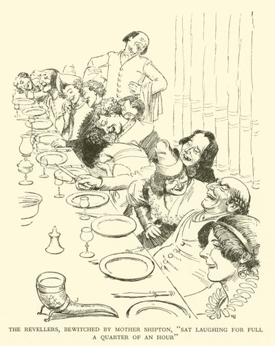 Die Zecher, verzaubert von Mutter Shipton, "lachten eine volle Viertelstunde lang" (Gravur) von Hugh Thomson