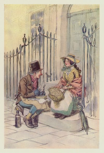 Trotty Veck, mit seiner Tochter Meg, beim Essen auf den Stufen (Farblithografie) von Hugh Thomson