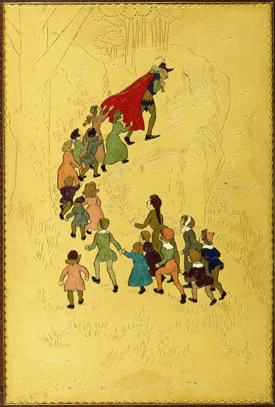 Oberer Einband, mit einer Illustration des Pfeifers, gefolgt von Kindern von Hugh Thomson