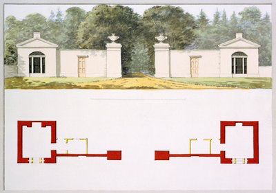 Aufriss und Grundrisse des vorgeschlagenen neuen Eingangstors und der Lodges, aus dem Roten Buch für Antony House, ca. 1812 von Humphry Repton