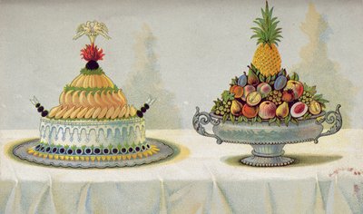 Entwurf für die Präsentation von Poularde mit Mayonnaise und Aspik auf einem Bett aus Butter und Eis und Obst, Illustration aus einem ungarischen Kochbuch über die französische Küche, ca. 1880 von Hungarian School