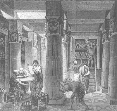 Imaginäre Rekonstruktion der Ptolemäischen Bibliothek in Alexandria, Ägypten, aus Histoire Generale des Peuples, 1880 von Hungarian School