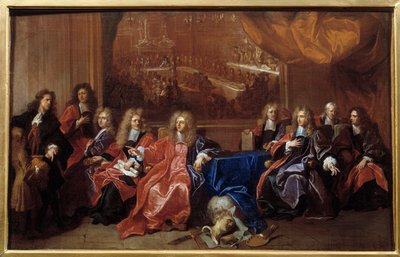 Der Prévot und die Schöffen der Stadt Paris beraten über die Gedenkfeier des Abendessens, das Ludwig XIV. im Hotel de Ville nach seinem Krieg 1687 angeboten wurde von Hyacinthe Francois Rigaud