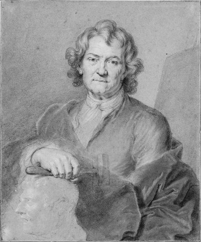 Porträt von Pierre Puget, seine rechte Hand hält einen Hammer und ruht auf einem skulptierten Kopf von Hyacinthe Francois Rigaud