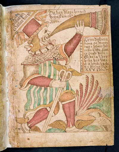 Heimdal bläst sein Horn vor Ragnarok, aus Melsteds Edda (Feder & Tinte und Aquarell auf Papier) von Icelandic School