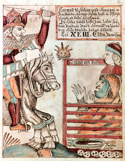 Hermod reitet auf Sleipnir, dem berühmten achtbeinigen Pferd seines Vaters, an den verschlossenen Toren des Königreichs Hel von Icelandic School