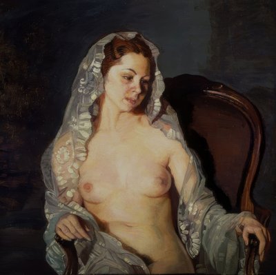 Sitzende nackte Frau mit transparentem Mantilla von Ignacio Zuloaga y Zabaleta