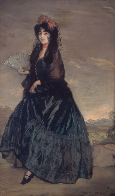 Frau mit Mantilla, Blumen und Fächer von Ignacio Zuloaga y Zabaleta