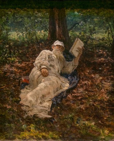 Leo Tolstoi ruht sich im Wald aus von Ilya Efimovich Repin