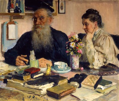 Der Autor Leo Tolstoi mit seiner Frau in Jasnaja Poljana von Ilya Efimovich Repin