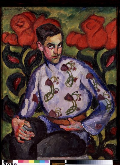 Porträt eines jungen Mannes mit einem Blumenhemd von Ilya Ivanovich Mashkov