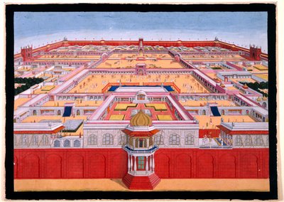 Vogelperspektive des Roten Forts in Delhi von Osten, zeigt einen Kaiser, wahrscheinlich Shah Alam (1759-1806), der den Diwan-i-Khas betritt, ca. 1780-90 (Deckfarben) von Indian School