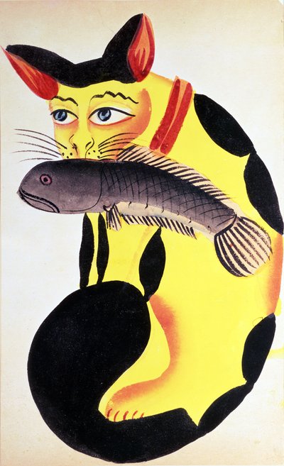 Eine Katze mit einem Fisch im Maul, aus der Rudyard Kipling Sammlung, Kalkutta, ca. 1890 von Indian School