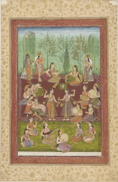 Eine Gruppe von Frauen in einem Garten, die sich mit Musik und Tanz unterhalten von Indian School