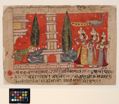 Ein Mann klettert an der Seite eines Palastes und beobachtet Gopis über einen Teich mit einer Pagode von Indian School