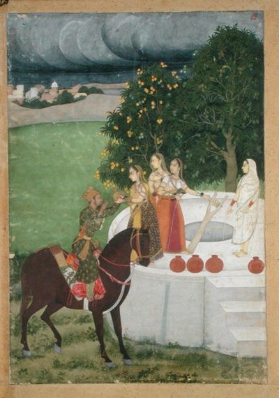Ein berittener Prinz erhält Wasser von Damen an einem Brunnen, Miniatur aus Murshidabad, ca. 1760 von Indian School