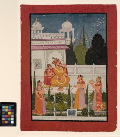 Ein Raja auf einer Terrasse mit seiner Rani, begleitet von drei Frauen, spätes 18. Jahrhundert von Indian School